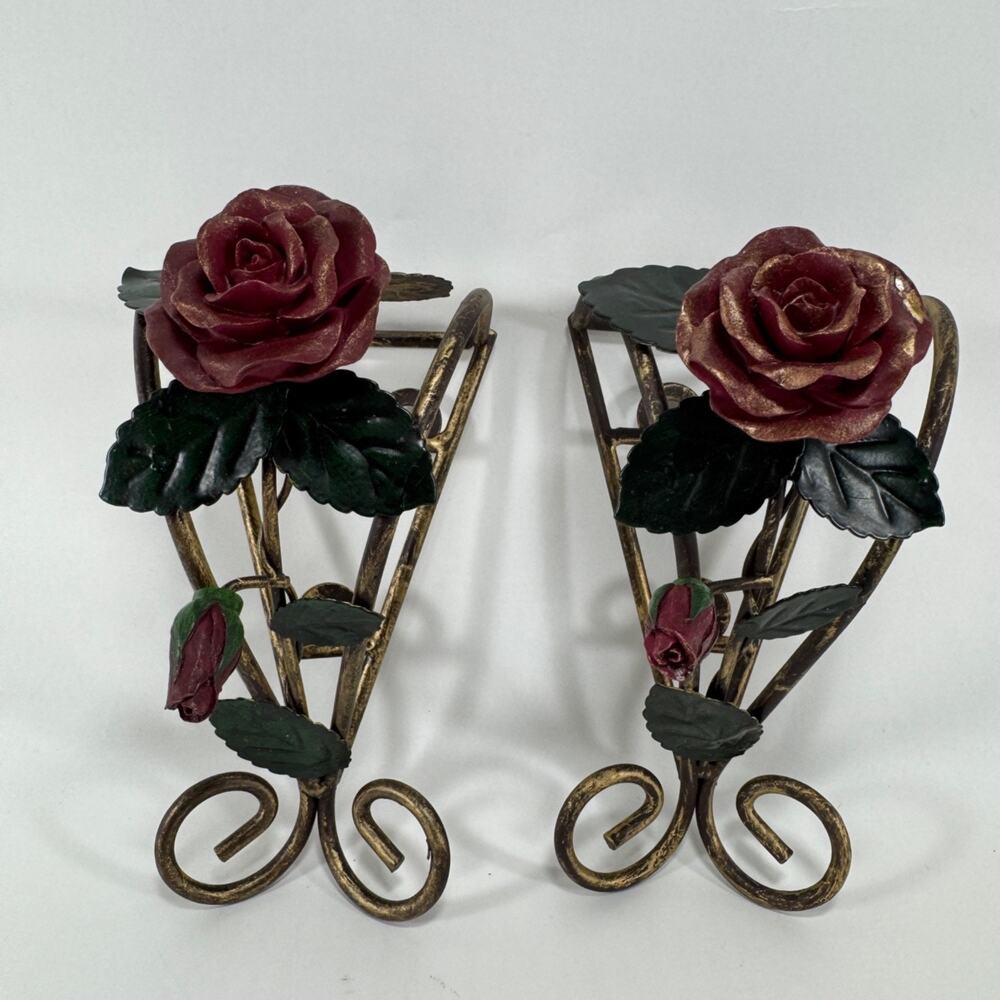 2 Vintage Red Rose Metal Wall Hanging Cottage core Floral Decor 1999